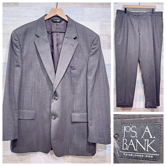 Jos A Bank Wool Two Button Suit Gray Birdseye Mens 46R Jacket 40W Pleated Pants - Picture 1 of 14